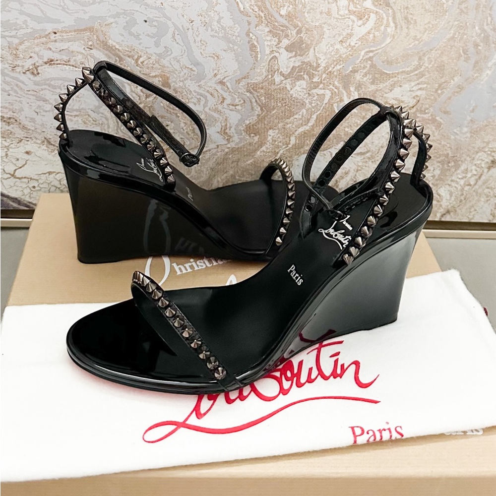 Christian Louboutin So Me Spike Wedge Patent Calfskin Leather Sandals